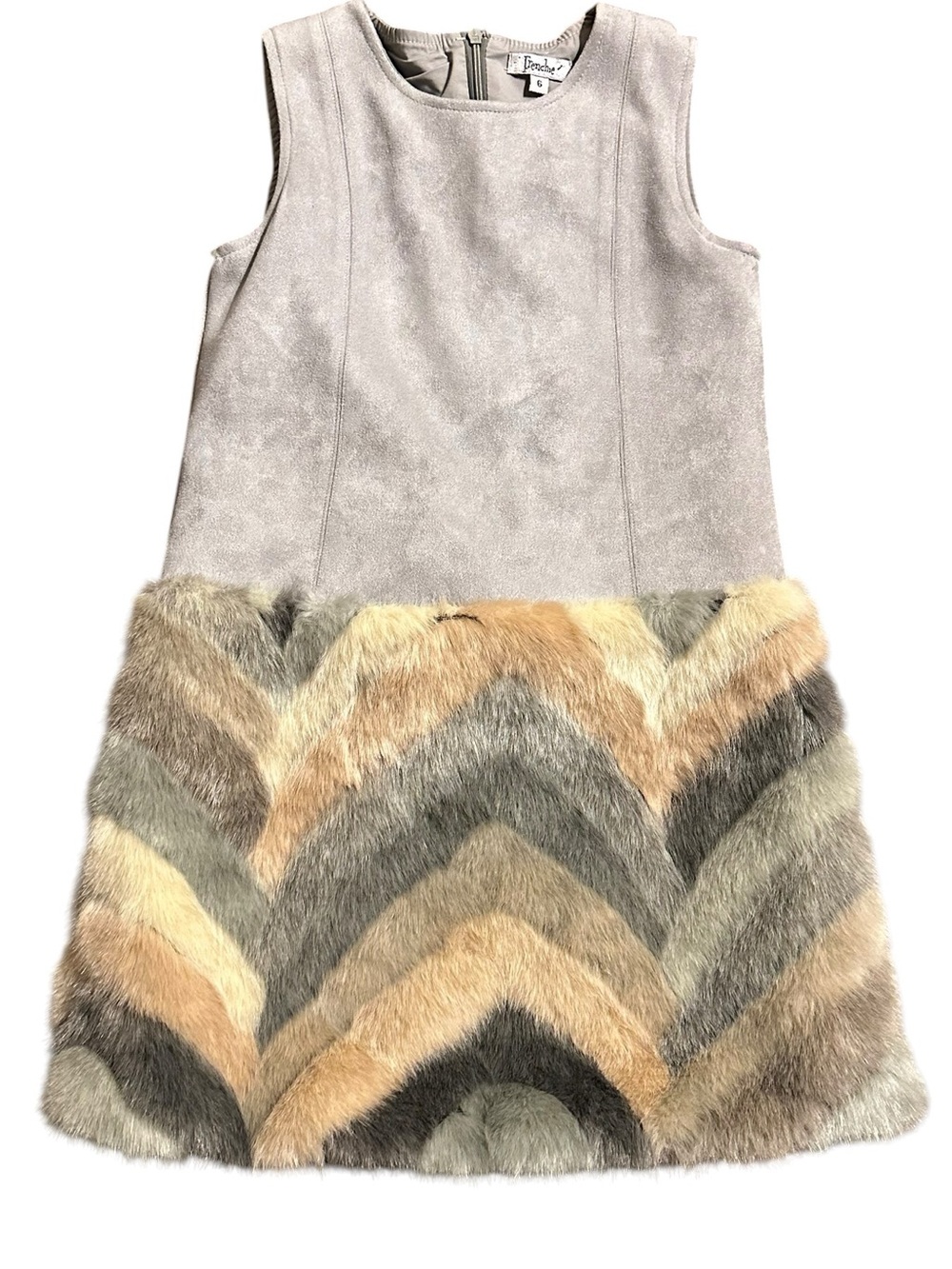 Faux Fur Chevron Panel Sleeveless Dress - Neutral Tones